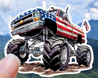 American Flag Monster Truck Sticker: Waterproof Vinyl Decal, USA Made