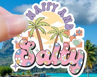Happy And Salty Sticker: Waterproof Vinyl, Palm Tree Design