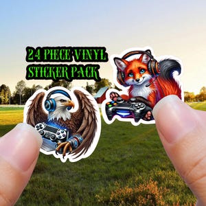 24-Piece Gaming Animal Stickers - 2 Inch Waterproof Vinyl - Cute & Durable Gamer Decor