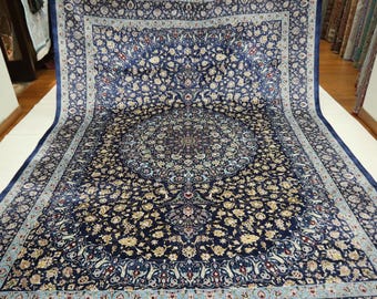 May include: A blue and cream Persian rug with a floral pattern. The rug has a large central medallion and a border with a repeating design.