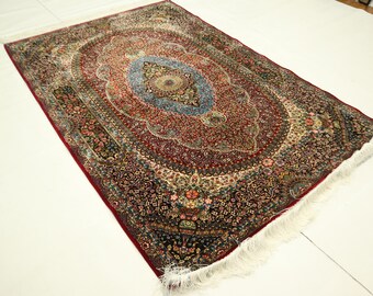 100x150 Orientalischer Seidenteppich - Roter Seidenteppich - Bambusseide Teppich - Teppich im persischen Stil - Traditioneller Teppich - Medaillonteppich - Schlafzimmerteppich - Büroteppich