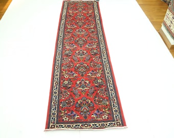 8 Ft Vintage Sarouk Runner Rug - Vibrant Red Runner - Persian Style Runner - Handmade Wool Runner - Floral Runner - Traditional Runners
