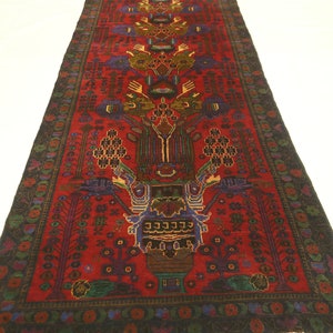 9 Ft Vintage Balochi Runner Rug - Red Persian Style Tribal Motif Low Pile Wool Runner - Antique Runner - Entryway Runner - Hallway Runner
