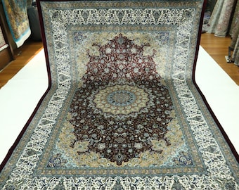 7x3 Meter Orientalischer Seidenteppich, Roter Teppich im Persischen Stil, Bambus Seidenteppich, Traditioneller Teppich, Seide auf Seidenteppich, Medaillonteppich