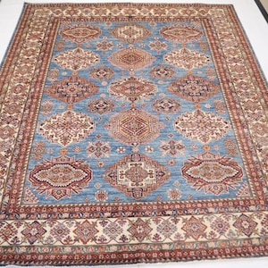 8x10 Geometric  Kazak Area Rug - Light Blue Wool Rug - Afghan Handmade Rug - Traditional Rug - Caucasian Rug - Bedroom Rug - Living Room Rug