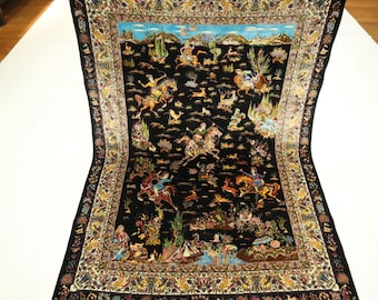 4x6 Pictorial Silk Area Rug - Black Rug - Shikargah Rug - Bamboo Silk Rug - Traditional Rug - Oriental Rug - Bedroom Rug - Living Room Rug