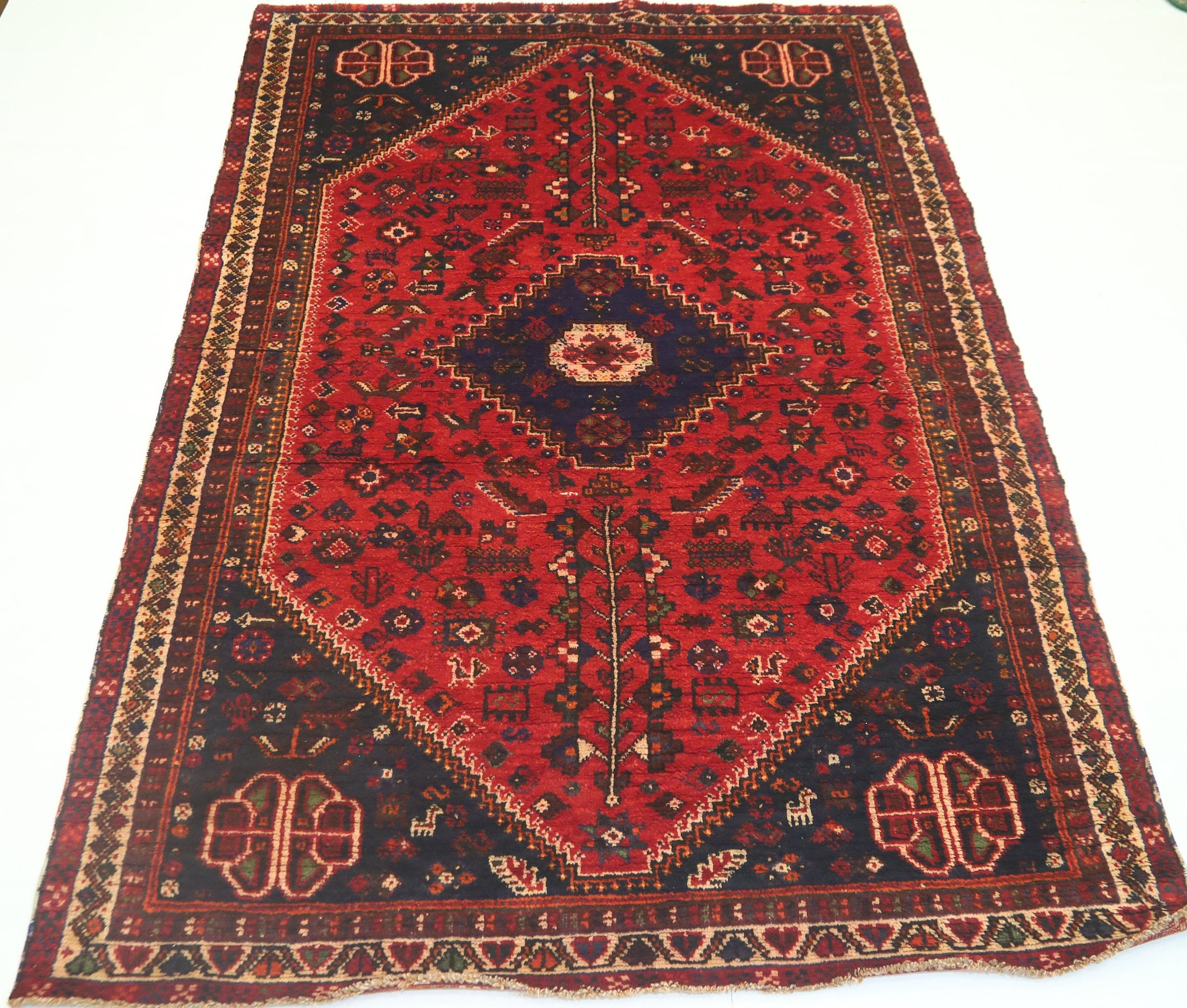 5x8 Vintage Shirazi Low Pile Wool Rug - Red Blue Hand Knotted
