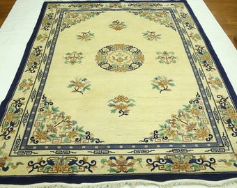 9x11 Beige Chinese Art Deco Wool Rug – Hand-Knotted Oriental Area Rug