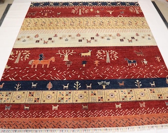 8 x 10 gabbeh-vloerkleed - veelkleurig wollen tapijt - Afghaans handgemaakt tapijt - tribal tapijt - dierenkleed - oosters tapijt - vloerkleed slaapkamer - vloerkleed woonkamer