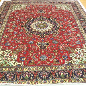 10x13 Kashan Vintage Area Rug - Red Persian Style Hand Made Traditional High Quality Wool Rug - Floral Rug - Oriental Rug - Medallion Rug