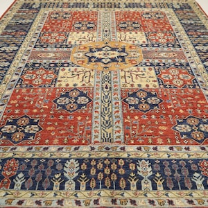 Alfombra Chobi de 8 x 10 pies de excelente calidad: alfombra de lana teñida orgánica con medallón anudado a mano en color rojo y azul afgano: alfombra para comedor y sala de estar