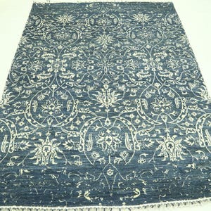 6x9 Modern Area Rug - Blue Gray Afghan Handmade Erased Design Silk Touch Wool Rug - Floral Rug - Contemporary Rugs - Bedroom Rug - Foyer Rug