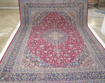10x13 Vintage Oriental Area Rug - Red Gray Persian Style Hand Made Floral Low Pile Wool Rug - Antique Rug - Large Wool Rug - Dining Room Rug