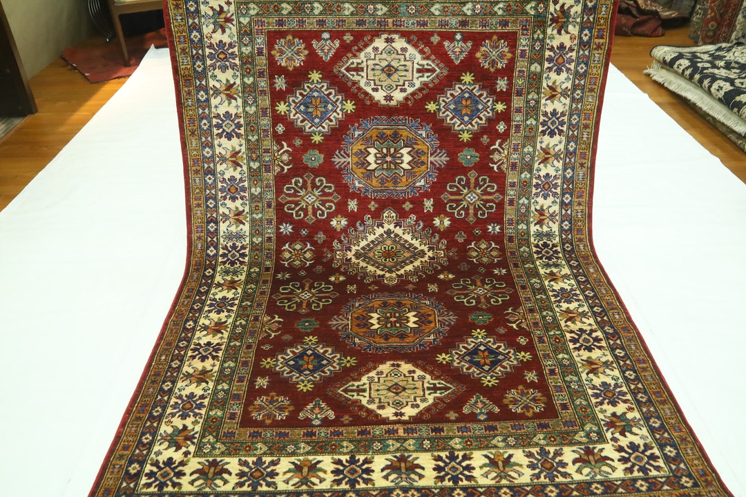 5x7 Kazak Area Rug - Red Afghan Hand Knotted Diamond Motif Veg Dye Wool ...