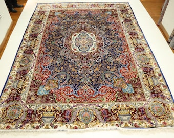 200x300 Orientalischer Seidenteppich - Rot Blauer Teppich - Bambus Seidenteppich - Persischer Stil - Traditioneller Teppich - Medaillon Teppich - Büroteppich
