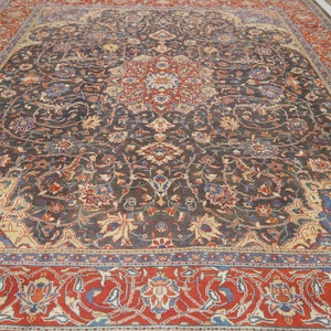 Vintage 10x13 Kashan Area Rug - Gray Persian Style Hand Made Floral Low Pile Wool Rug - Antique Rug - Dining Room Rug - Living Room Rug