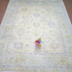 12x15 Muted Oushak Area Rug, Gray Blue Turkish Hand Knotted Floral Soft Pile Wool Rug, Oversize Rugs, Living & Dining Room Rug, Bedroom Rug
