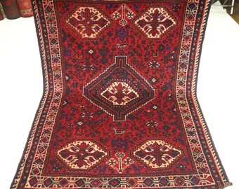 1,25x1,53m Vintage Shirazi-ullmatta - Röd handknuten geometrisk tribalmatta