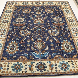 Alfombra Chobi azul de 8 x 10 pies - Alfombra tradicional afgana de lana teñida con tinte natural y anudada a mano - Alfombra floral - Alfombra azul para dormitorio - Alfombra para comedor