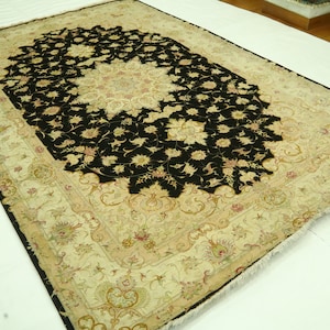7x10 Tabriz Premium Quality Area Rug - Black Brown Persian Style Hand Knotted Traditional Silk Touch  Wool Rug - Floral Rug - Medallion Rug