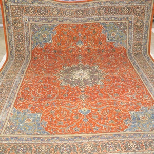 Vintage 10x13 Kashan Area Rug - Rusty Red Persian Style Hand Made Medallion Low Pile Wool Rug - Large Rug - Dining Room Rug - Farmhouse Rug