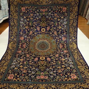 7x10 Ft Silk Area Rug - Blue Persian Style Rug - Premium Quality Rug - Bamboo Silk Rug - Floral Silk Rug - Traditional Rug - Medallion Rug
