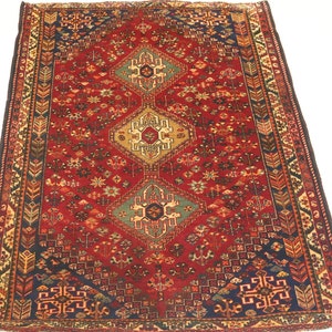 4x6 Vintage Shirazi Area Rug - Red Blue Persian Style Hand Made Traditional Low Pile Wool Rug - Antique Rug - Entryway Rug - Hallway Rug