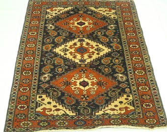 4'2x5'3 Vintage Baluchi Area Rug - Orange Blue Wool Rug - Turkmen