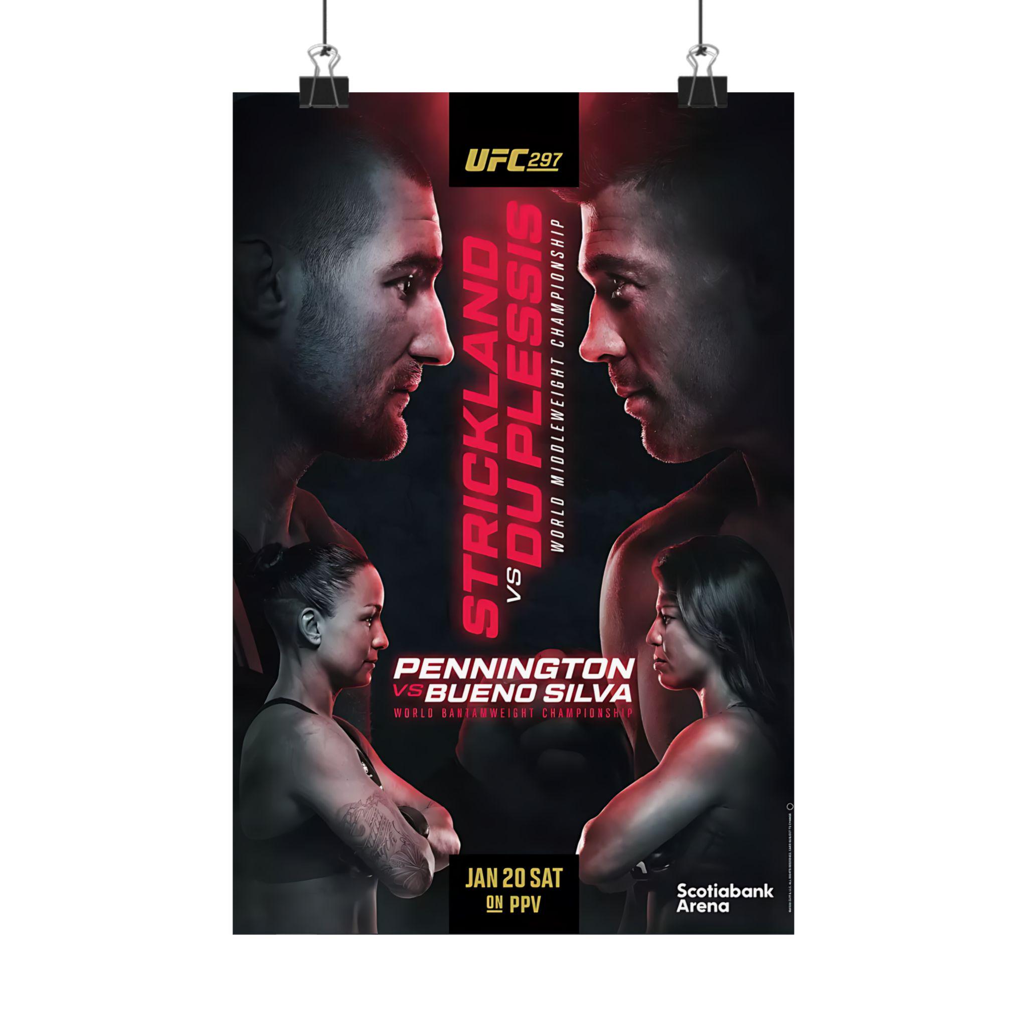 Cartaz do título dos médios do UFC 297 Sean Strickland x Dricus Du Plessis, arte de parede de Raquel Pennington x Mayra Bueno Silva, arte de MMA, presente