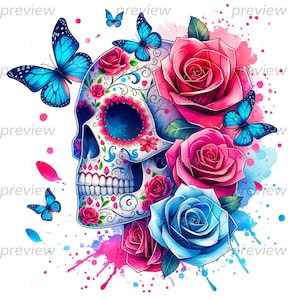 Colourful Sugar Skull with Roses Dia de los Muertos Art Print - Instant Download