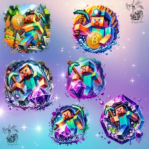 Pixel Art Adventure with Minecraft-Inspired Miner Collectibles Featuring Gems and Bitcoin