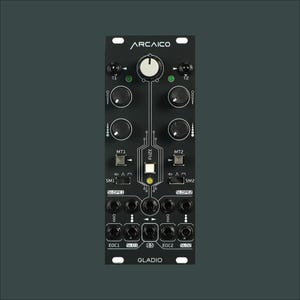 Può includere: Modulo di musica elettronica nero con il testo "ARCAICO" in alto. Presenta numerosi pulsanti, interruttori e prese di ingresso/uscita. Il modulo ha i testi "FUZE" e "GLADIO" stampati. Lo sfondo è di colore verde acqua scuro.