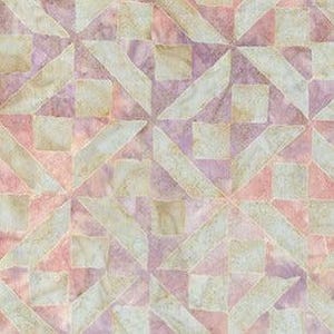 May include: A fabric with a geometric pattern in shades of pink, purple, and beige. The pattern is made up of squares and triangles.