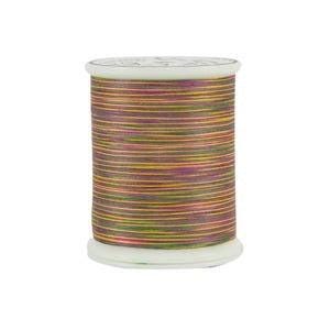 May include: A spool of variegated thread with a white plastic base. The thread is a mix of colors including green, yellow, red, and purple. The thread is tightly wound around the spool.