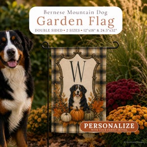 Bernese Mountain Dog Personalized Initial Flag  Vintage Plaid Monogram Porch Decor  Thanksgiving Gift for Berner Dad Mom