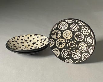Handmade Pottery Bowls: Black & White Monoprint Ceramic Set of 3