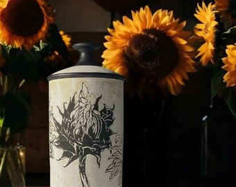 Handmade Ceramic Jar with Lid: Black & White Sunflower Design