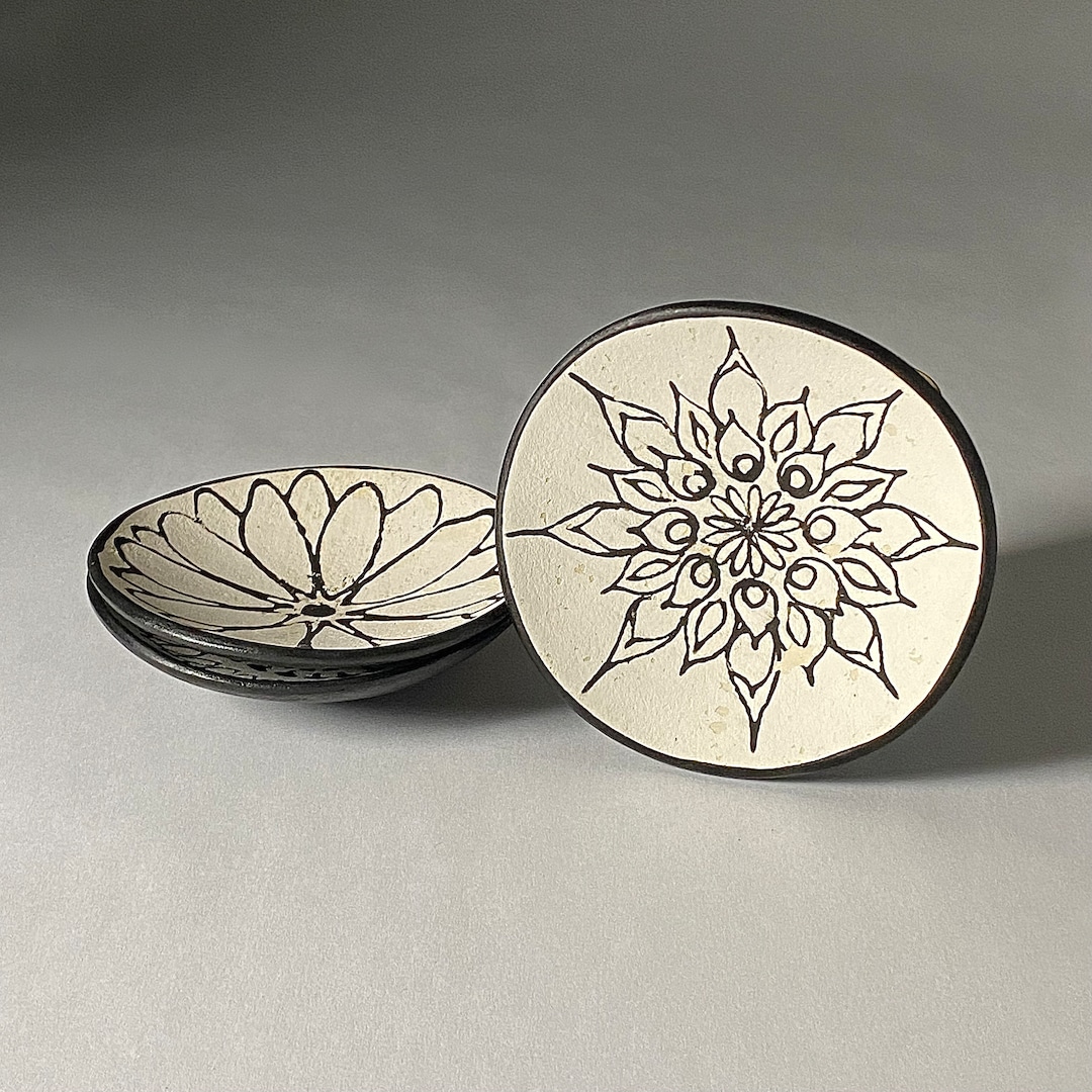 Handmade Ceramic Bowl Set: Abstract Floral Ring Dish, Candle Holder - Etsy