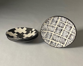Handmade Ceramic Bowls: Black & White Geometric Designs, Set of 3