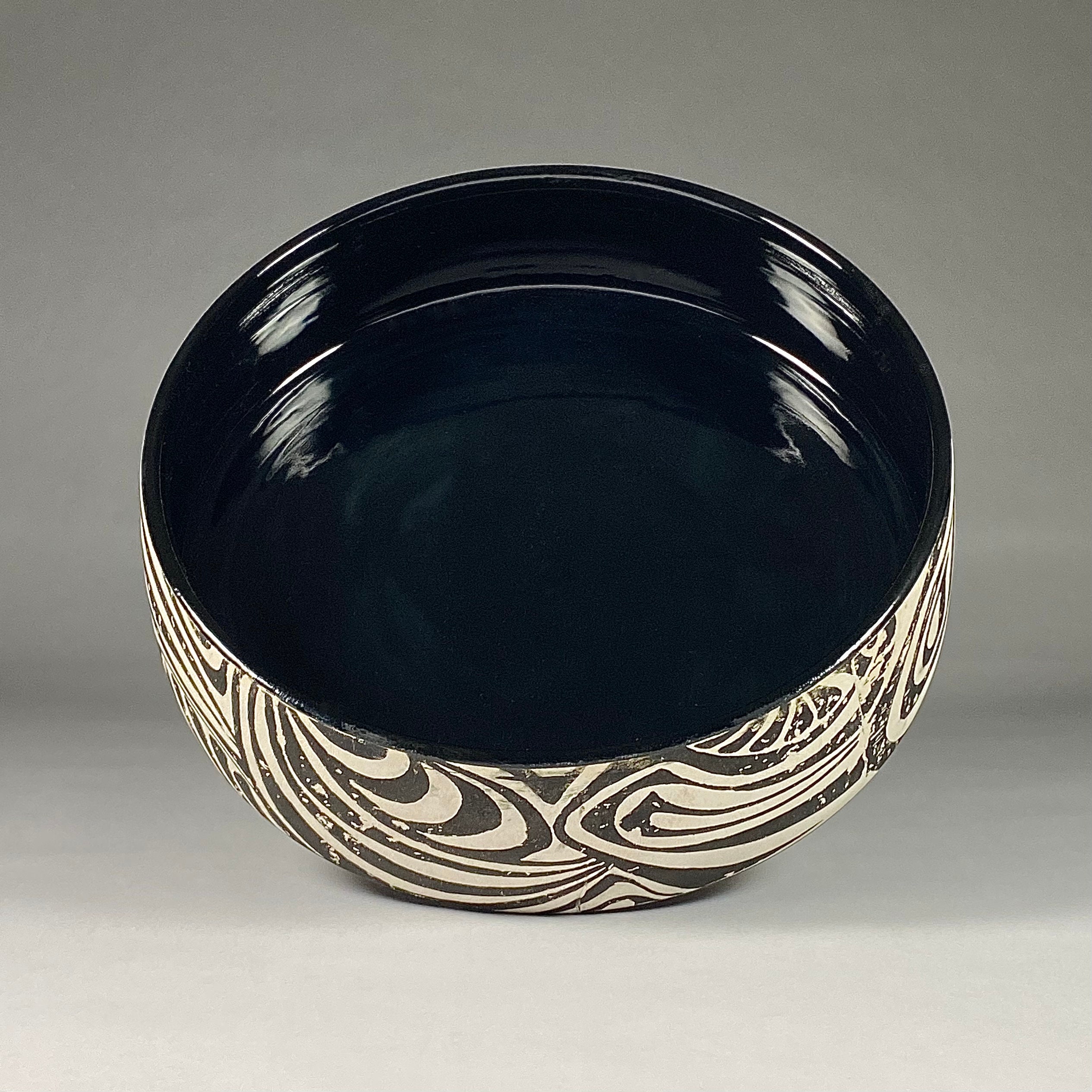 Studio Pottery Cream Bowl with Black Lines and Dots
