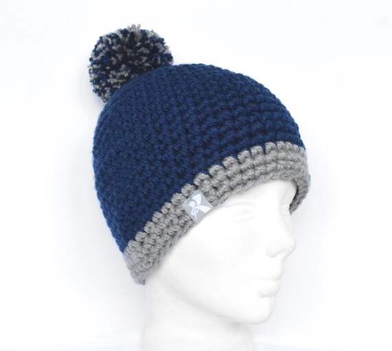 Pompom Bobble Beanie Navy & Grey Crochet Bobble Winter Hat  display picture 1