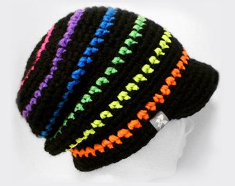 Peaked Slouchy Floppy Beanie - Retro 80&#39;s Neon Colours Stripey Crochet Baggy Winter Hat Snowboard Ski Surf Skate