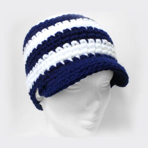 Peaked Beanie - White & Navy Blue Stripey Crochet Winter Peak Newsboy Hat Snowboard Ski Surf Skate