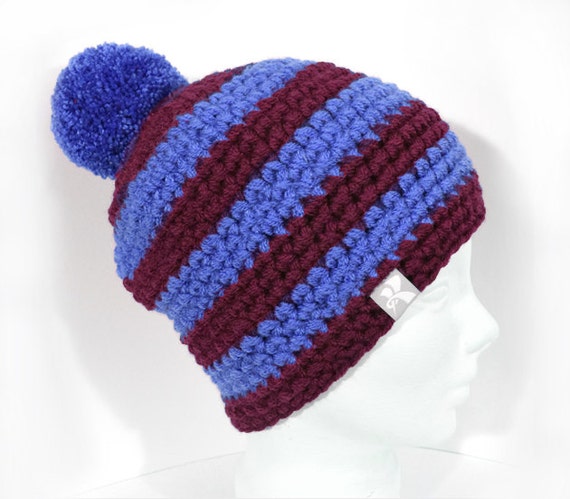 Mid Slouchy Pompom Beanie Burgundy & Blue Stripey Crochet  display picture 3