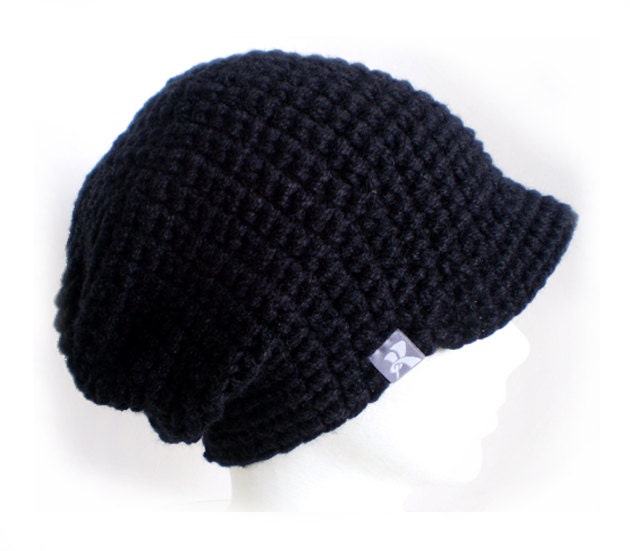 Peaked Slouchy Floppy Beanie - Black Crochet Baggy Winter Hat Snowboard Ski Surf Skate