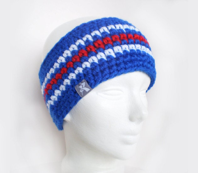 Handmade Knit Crochet Beanie Headband Ear Warmer Ski Sweater Knit Red White Blue vintage 70s beanie hat red white and blue striped stocking  main image 3