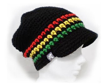 Peaked Slouchy Floppy Beanie - Black, Red, Yellow & Green Rasta Crochet Baggy Winter Hat Snowboard Ski Surf Skate