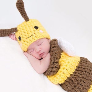 Newborn Baby Bee Outfit Hat and Cocoon Snug Set Newborn Photography Prop Crochet