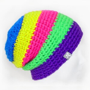 Slouchy Floppy Beanie - Hot Neon Pink, Neon Green, Blue & Purple Warm Crochet Winter Hat Snowboard Ski Surf Skate