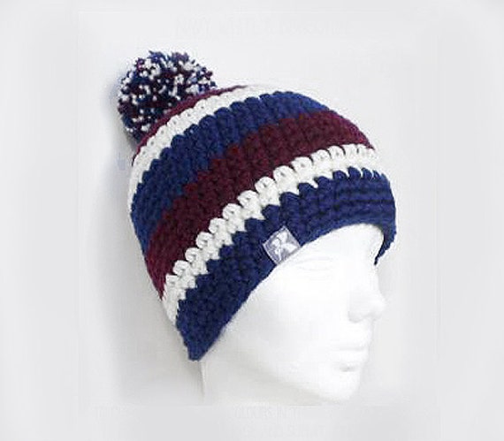 Pompom Bobble Beanie Navy Blue, off White & Burgundy Crochet  display picture 3